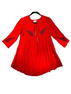 Zola Orange Red Boho Tunic Top Dress Leaf Print Embroidery Accents Beaded Tie XL